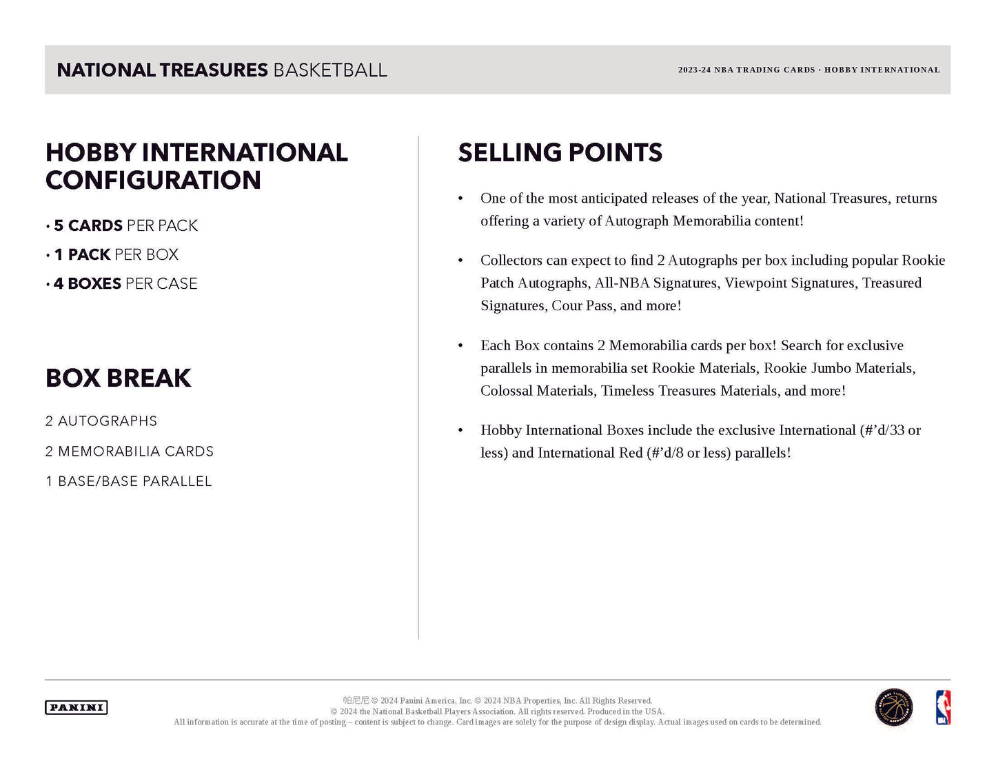 2023-24 Panini National Treasures Basketball International Hobby Box