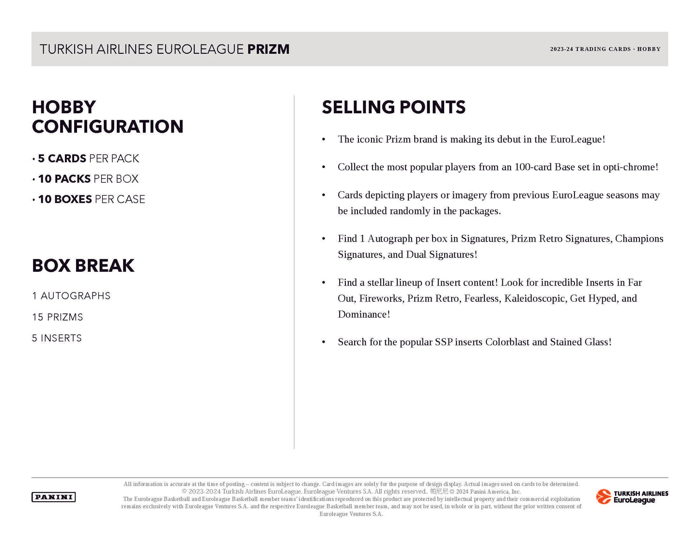 2023-24 Prizm Turkish Airlines EuroLeague Basketball Hobby