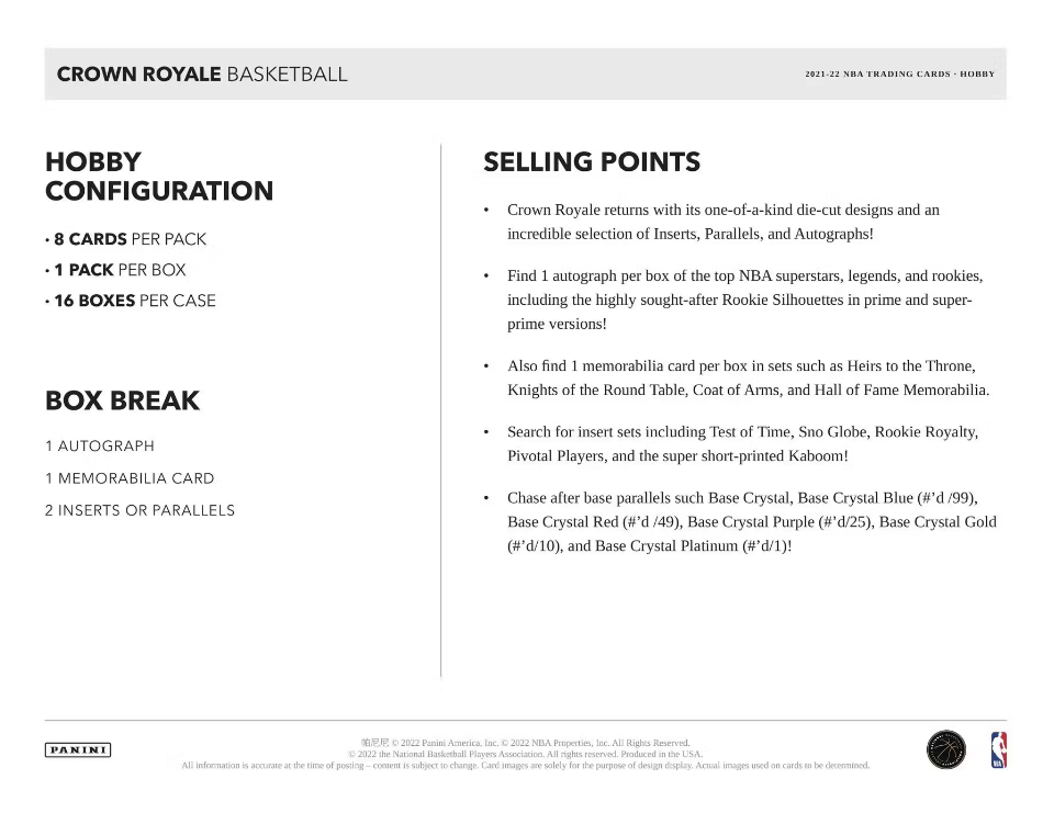 2021-22 Panini Crown Royale Basketball Hobby