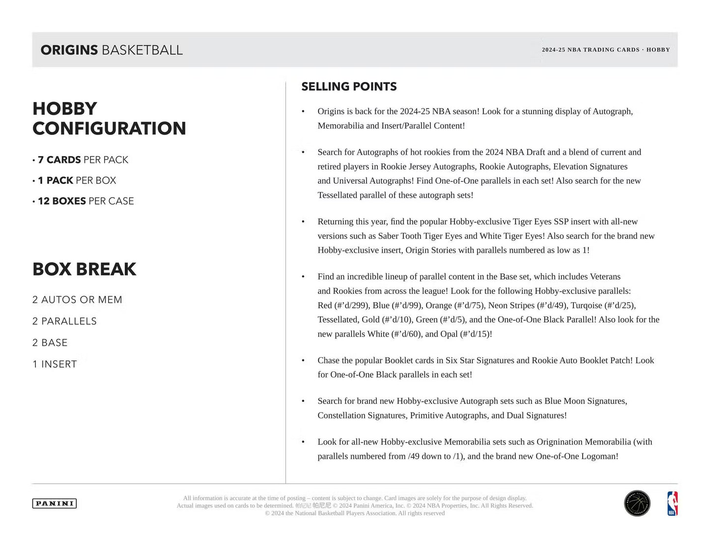 2024-25 Panini Origins Basketball Hobby Box