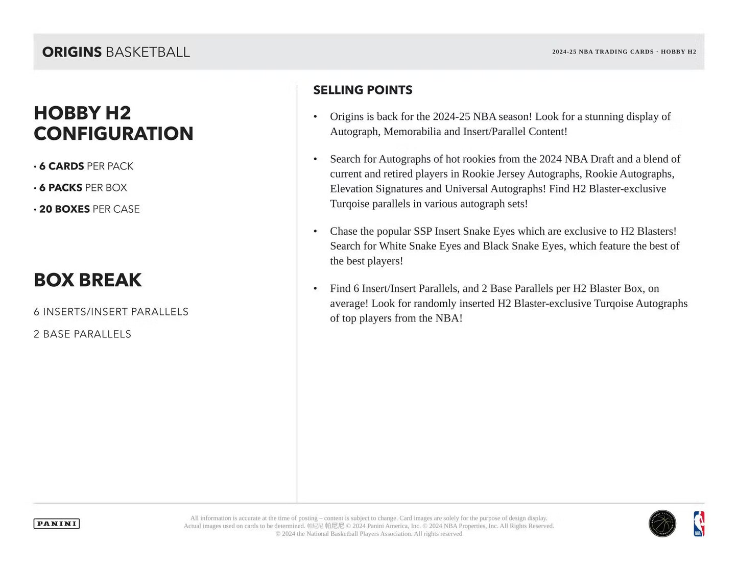 2024-25 Panini Origins Basketball H2 Box