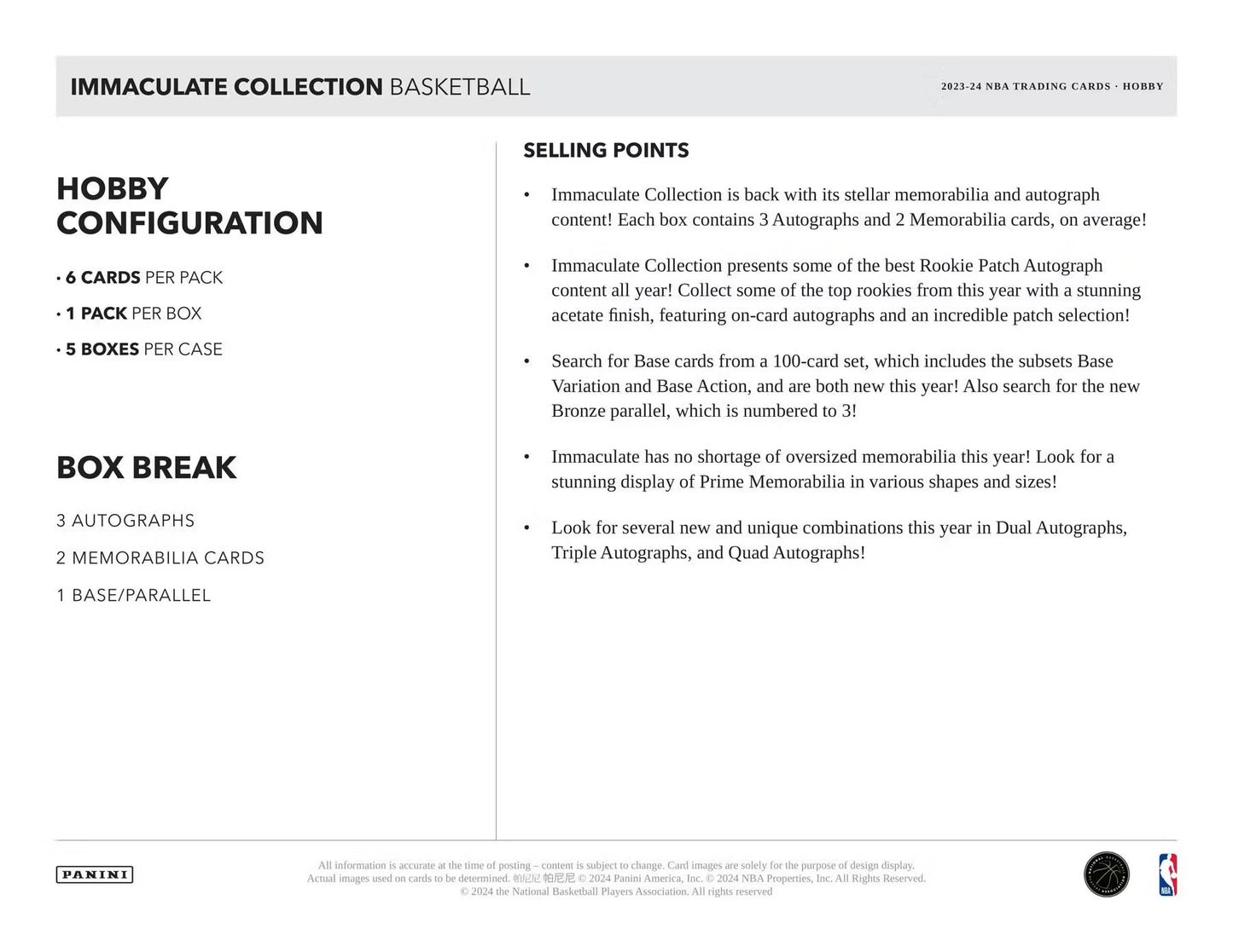 2023-24 Panini Immaculate Basketball Hobby Box