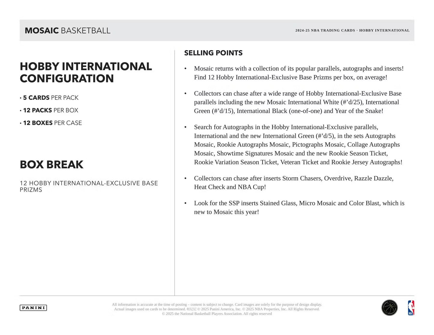 2024-25 Panini Mosaic Basketball International Box