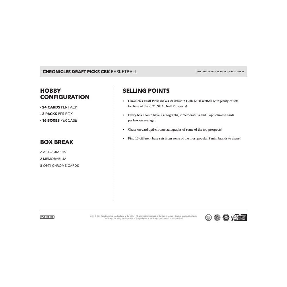 2021-22 Panini Chronicles Draft Picks Collegiate Basketball Hobby Case