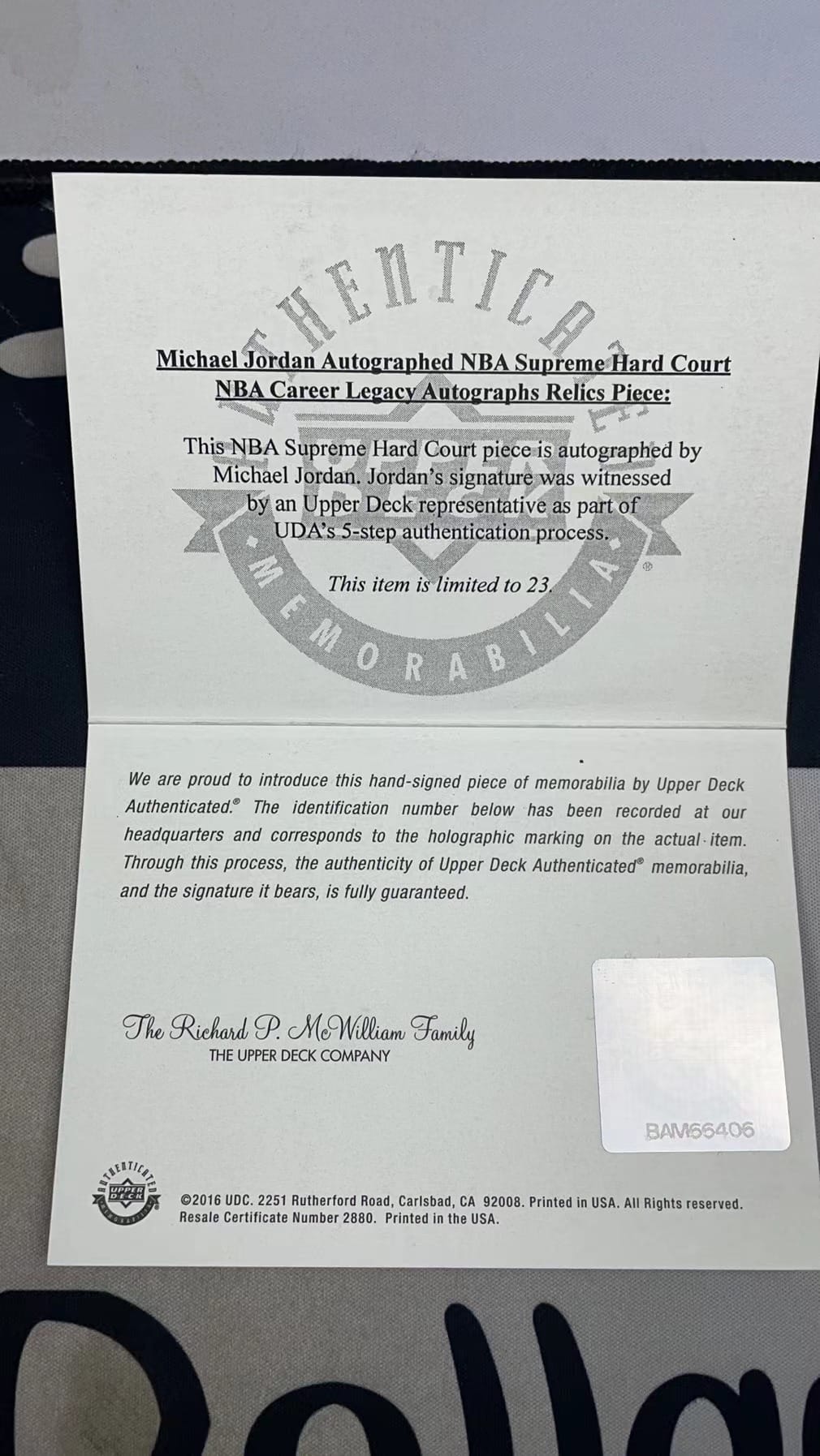 2016-17 UD Supreme Hard Court MICHAEL JORDAN AUTO 1/23 UDA