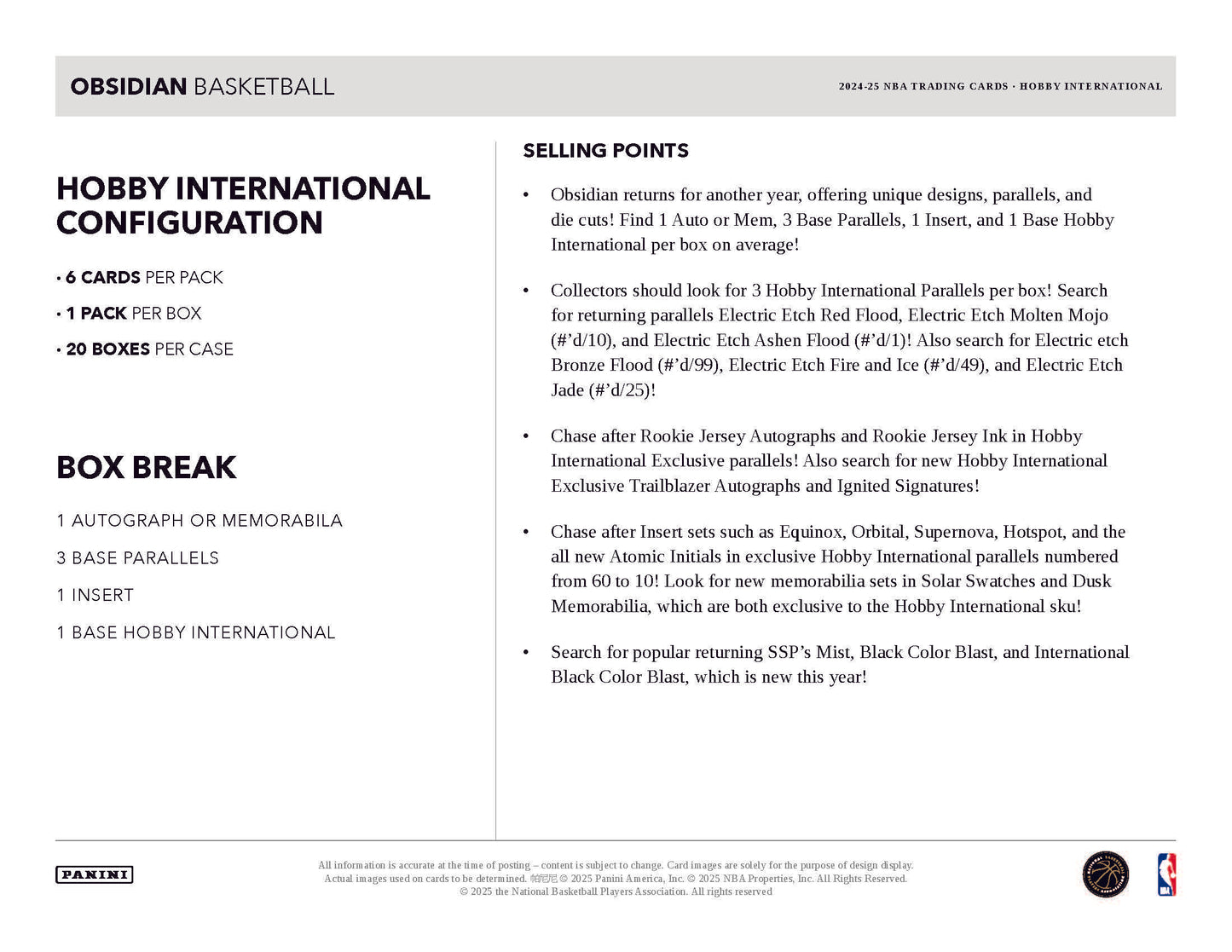 2024-25 Panini Obsidian basketball International Box
