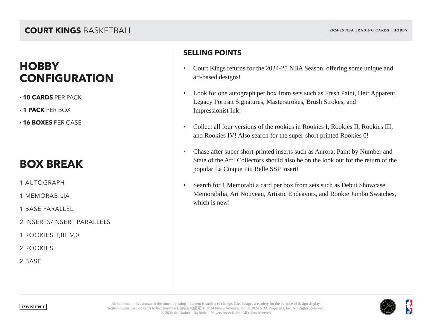 2024-25 Panini Court Kings Basketball Hobby Box
