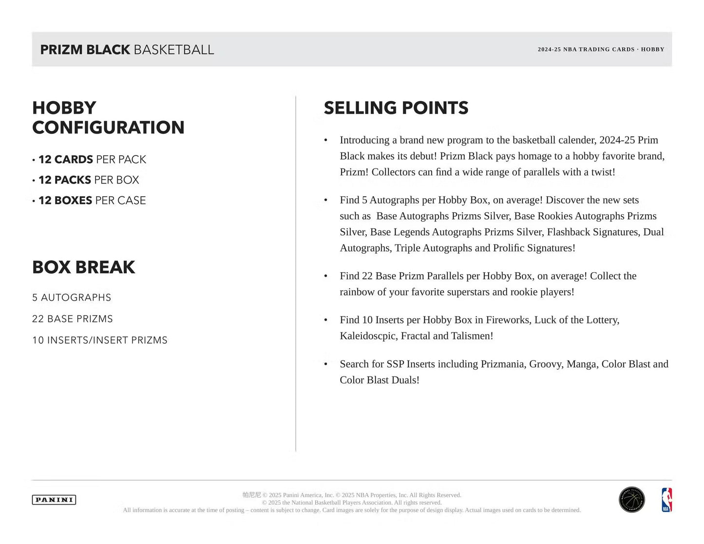 2024-25 Panini Prizm Black Basketball Hobby Box